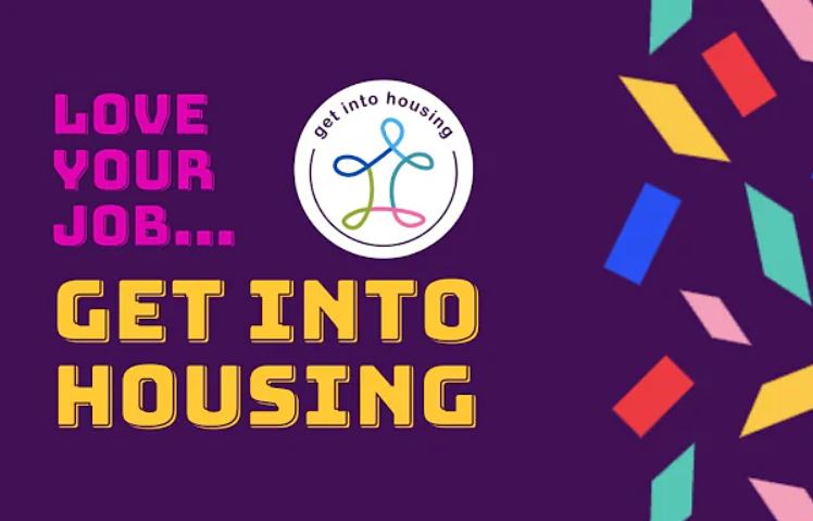 Purple background with yellow letters that read Get Into Housing with a logo in a white circle and red blue yellow and green small rectangle shapes