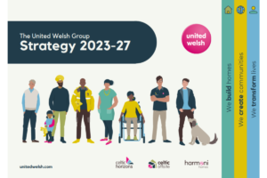 An image of the front cover of United Welsh's 2023-27 business strategy showing illustrated people and the magenta United Welsh logo