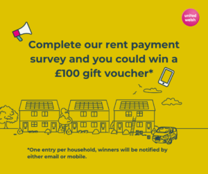 Image of three houses with solar panels on a yellow background. In the centre of the image in bold navy text it reads: "Complete our rent payment survey and you could win a £100 gift voucher.* One entry per household, winners will notified by either email or mobile."