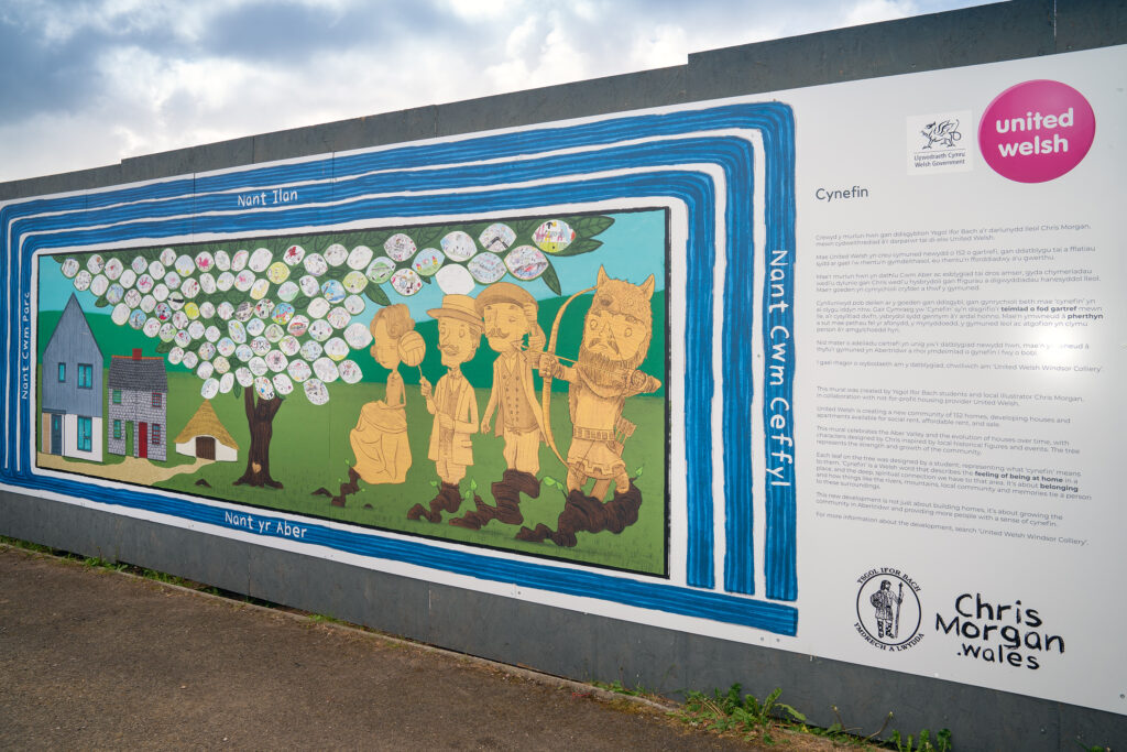 A photo of the mural created at Ysgol Ifor Bach, located next to our Windsor Colliery development.