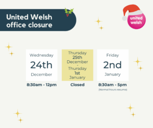 Graphic of our Christmas opening times on a cream background with gold stars. We are open Wednesday 24h December from 8:30am to 12pm, closed from Thursday 25th December to Thursday 1st January, and normal hours resume on Friday 2nd January (8:30am to 5pm).