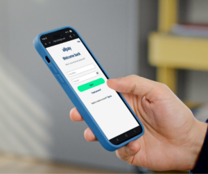 Photo of someone on their phone. The screen displays the allpayments app.