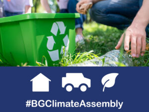 Blaenau Gwent Climate Assembly recycling box with car house and leaf icons