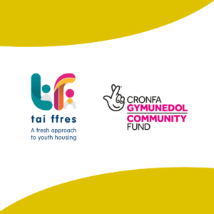 An image of two logos in a white square with yellow swirls top and bottom. The logo on the left is Tai Ffres with a green coloured t and a yellow and pink f. The logo on the right is the National Lotter Community Fund logo. It says community in pink and fund in black and is bilingual English and Welsh.