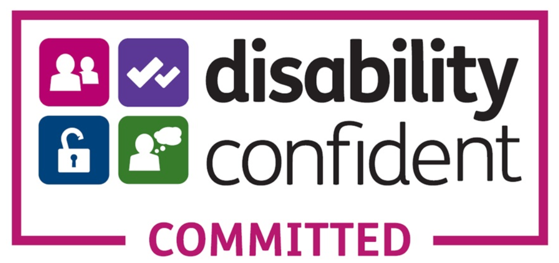 An image of the Disability Confident Committed logo. It shows the outline of a purple rectangle with pink purple blue and green squares that show icons of people, a padlock and tick symbols. It says Disability Confident Committed in text.