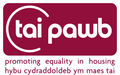 An image of the Tai Pawb logo. It shows a burgundy rectangle and tai pawb written in white text with the line promoting equality in housing