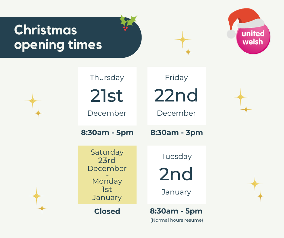 An image showing the dates of United Welsh's Christmas opening hours for 2023