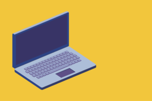 Blue and grey laptop graphic on a yellow background