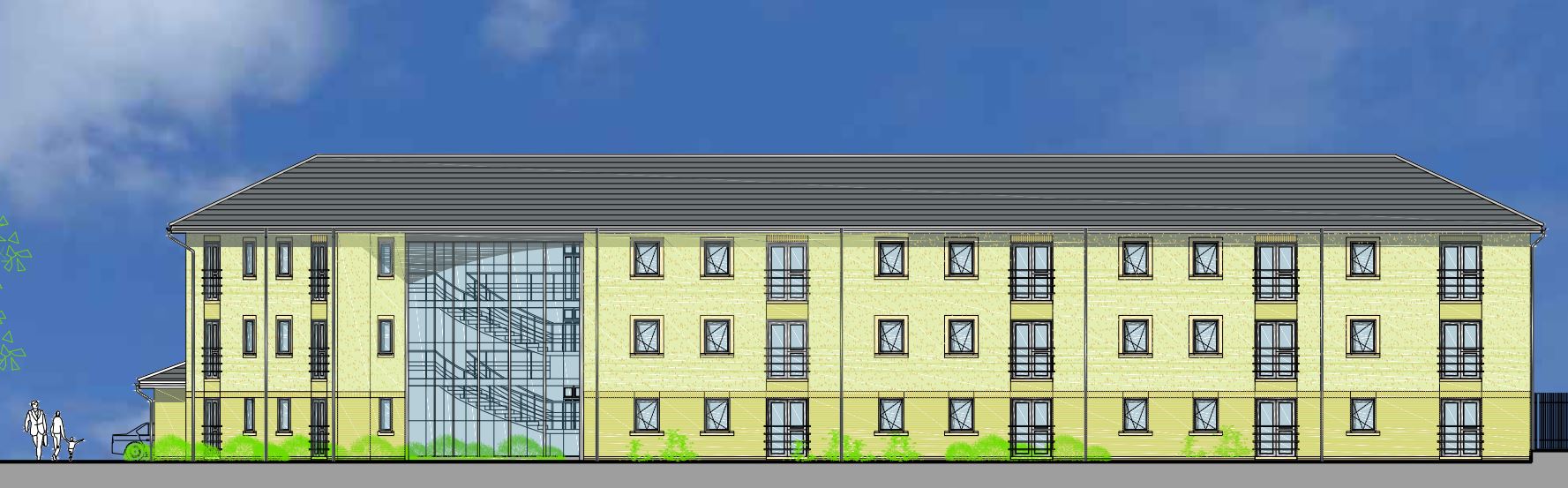 Drawing of a three-story building with yellow exterior walles, a grey roof and a glass entranceway leading to each floor