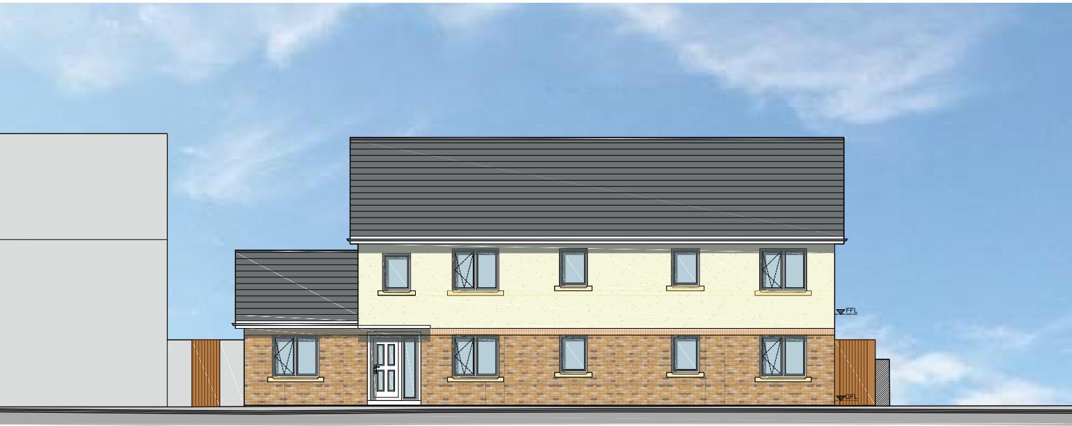 drawing of a two story building with a grey roof, yellow upper exerior wll, beige brick lower wales, 10 grey windows and one door