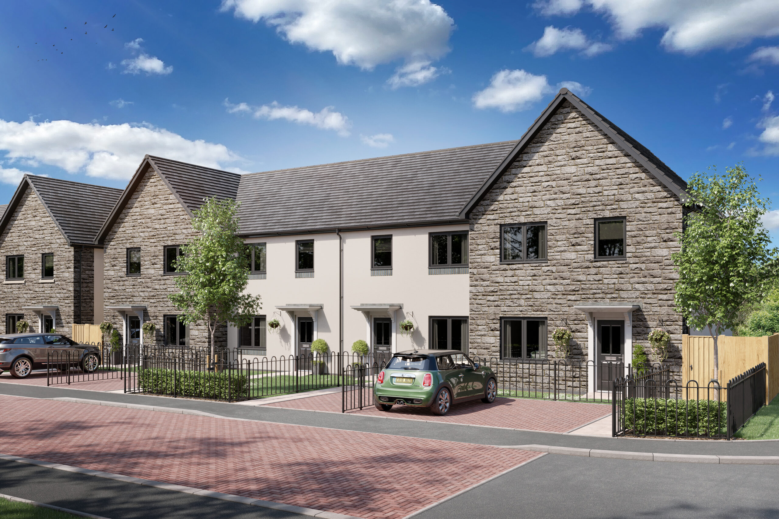 CGI image of a row of four homes, two with white render exterior walls and two with grey brick render and grey peak rooves and pink paved driveways