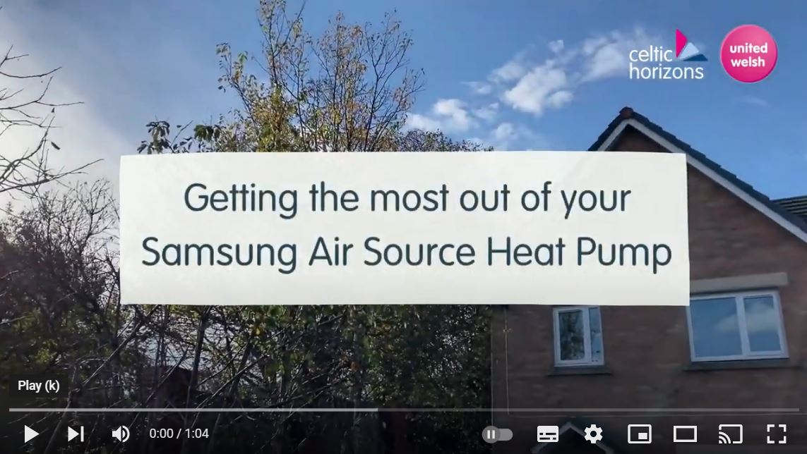 An image that says Getting the most out of your Samsung Air Source Heat Pump. The image captures the start of an instruction video.
