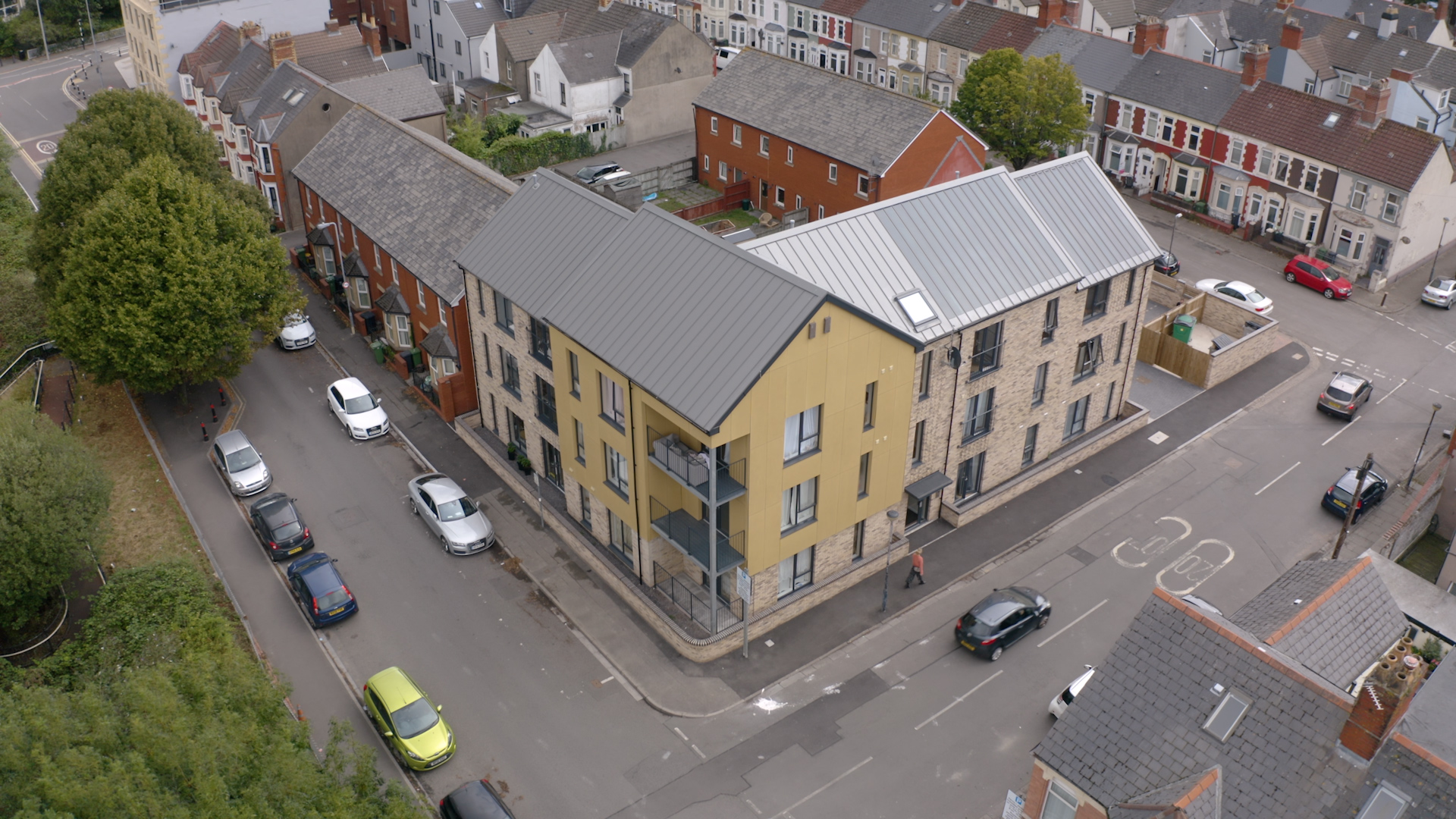 An aerial image of St Cuthbert's House, a block of apartments in Cardiff