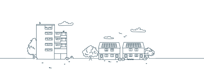 An illustration of a block of flats, two houses, and some trees.