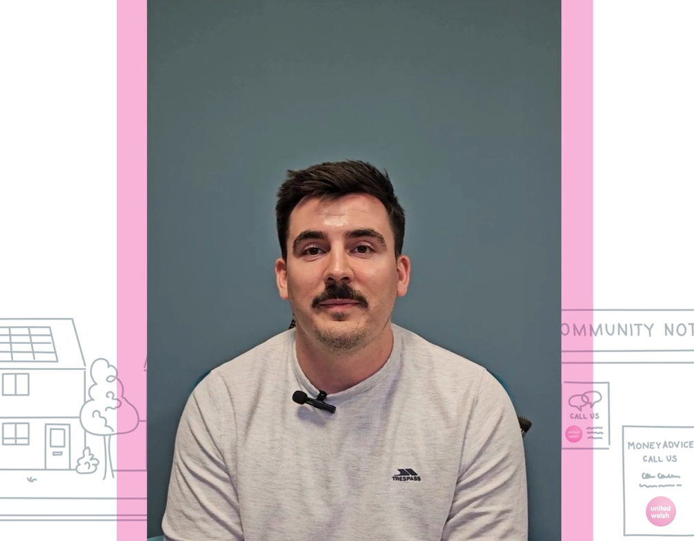 Photo of a man on a pink and white background that has an illustration of houses and a community noticeboard.